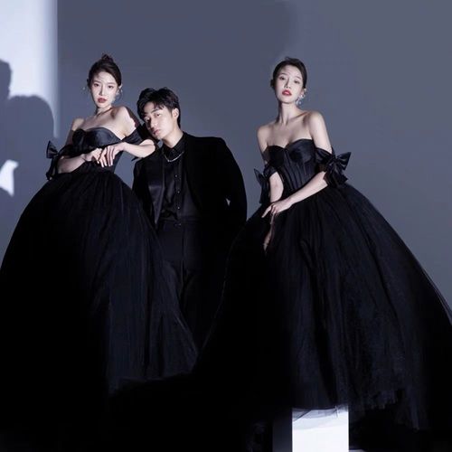 2023新款影楼彩纱主题摄影情侣拍照个性韩版黑色婚纱礼服黑纱服装