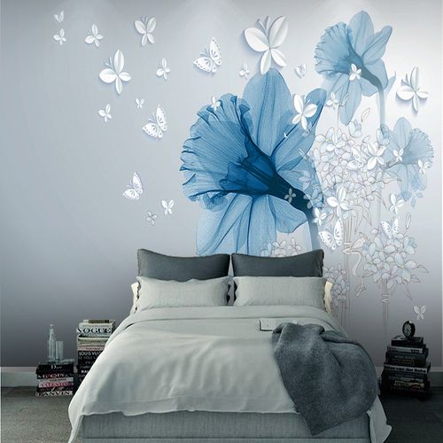 18d现代简约壁纸客厅电视沙发无缝墙布卧室床头花卉蓝色背景墙纸