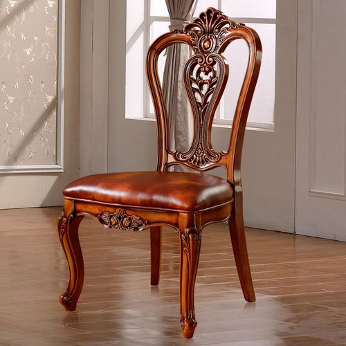 欧式高档餐椅美式豪华皮椅子酒店餐椅全实木橡木椅子扶手椅