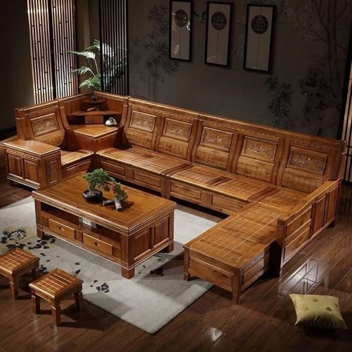 香樟木实木沙发组合中式仿古雕花储物贵妃转角沙发u型l型客厅家具