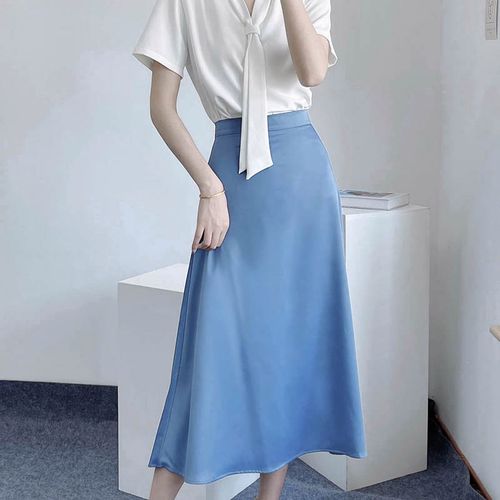 拉链高腰纯色中长显瘦质感蓝色绸缎哑光波纹半身裙