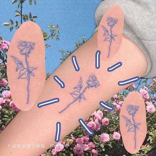 线条蓝玫瑰卡通创意纹身贴防水持久彩色日系少女可爱贴纸