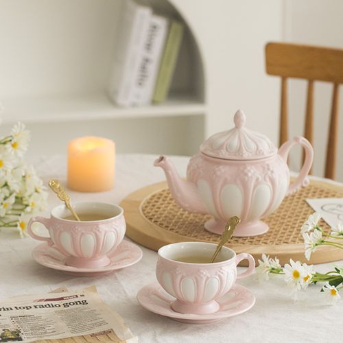 法式复古浮雕茶壶 下午茶 欧式陶瓷茶具 简约咖啡杯骨瓷英式 家用