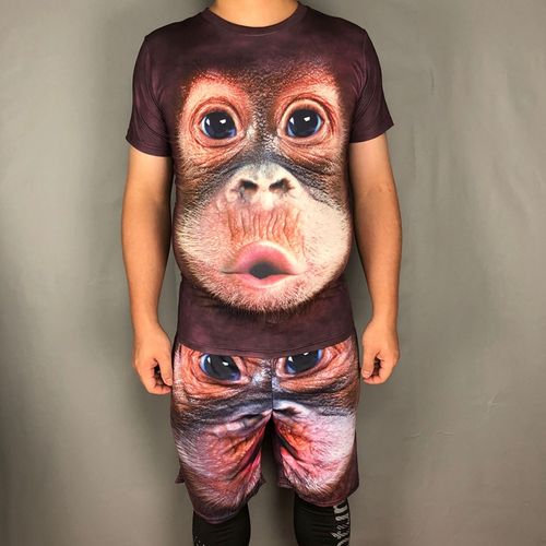 猴子印花短袖t恤搞笑大猩猩立体动物图案衣服潮男2件套装学生班服