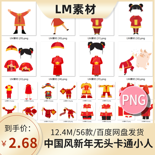 2022新虎年春节拜年无头卡通抠图片小人素材透明png身体手机壁纸