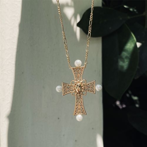 lhwindsor温莎珠宝珍珠十字架长项项链时尚复古金色项链