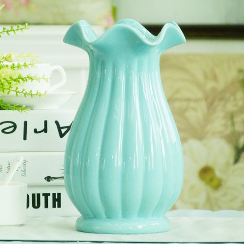 欧式复古白色蓝色大肚陶瓷花瓶花器 可储水高温瓷花瓶大号蓝色