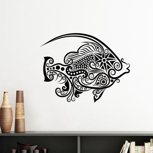 线描黑白鱼花纹装饰墙贴壁纸房间贴花