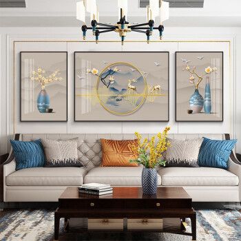 俗写轻奢高级客厅三联装饰画现代简约新中式沙发背景墙画创意挂画 俗