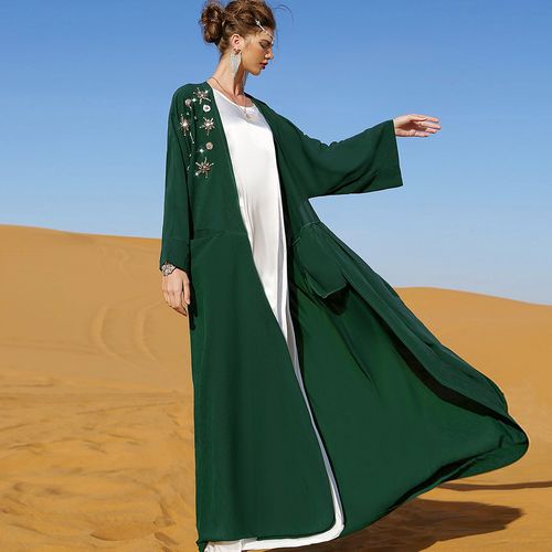 ba7019 墨绿色手工钉珠阿拉伯罩袍 中东女装 穆斯林 长款外搭