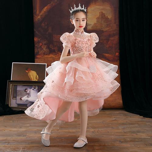 儿童公主裙粉色女童钢琴演出服花童小女孩主持人走秀礼服前短后长