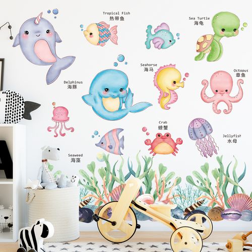 卡通海洋动物海豚可爱看图识字幼儿园益智早教墙贴纸自粘浴室防水