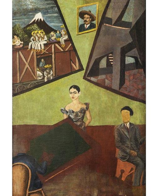 图:卡罗在1927年的前卫画作《别墅和阿黛丽达》(未完成)显示:她在遇见